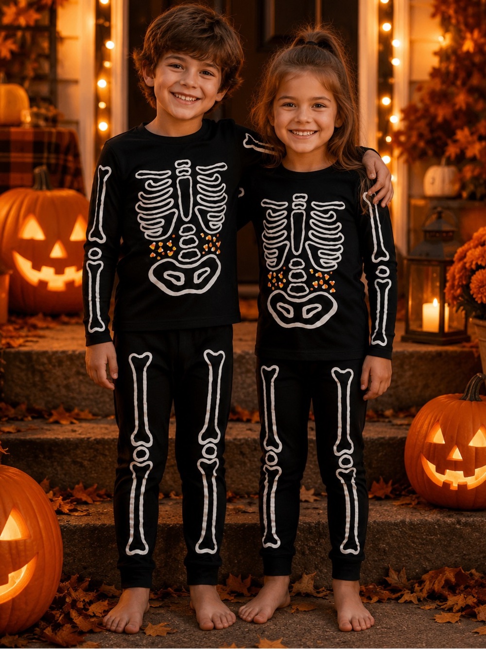 Cat & Jack Glow in Dark Skeleton Halloween Pajama Set Costume Candy Corn Kids 6